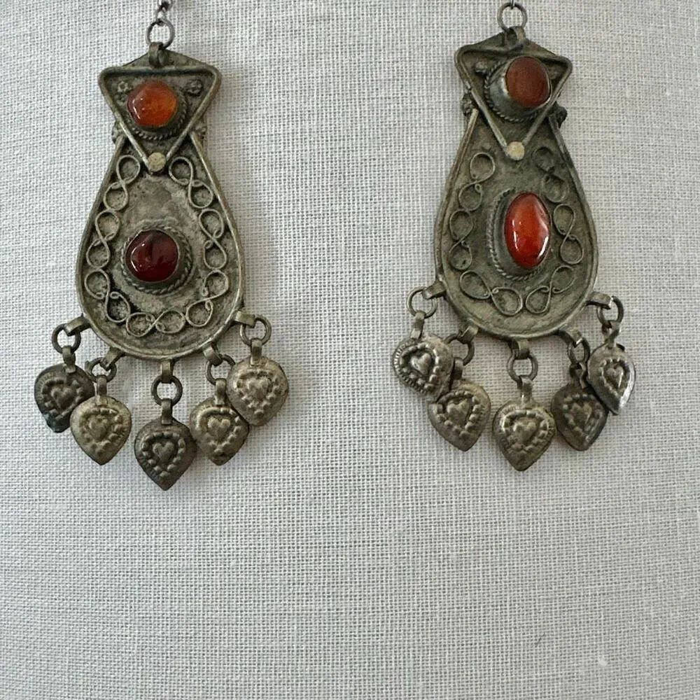 Vintage Tribal Silver Dangle Earrings with Carnelian Stones & Heart Charms